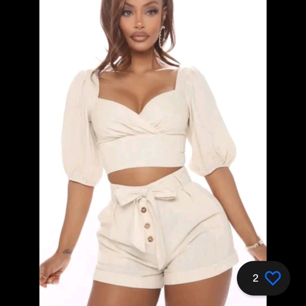 Fashion Nova Mimosa & Chill Linnen Like Crop Top And Short Set In Ivory - Large